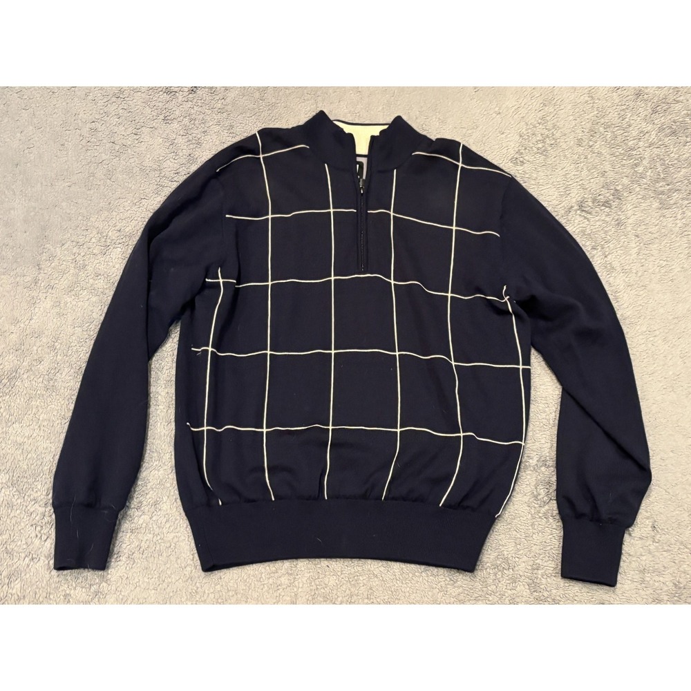 Footjoy Pullover 1/4 Zip Lined Wool Golf Sweater Jacket Mens M Navy Blue Plaid